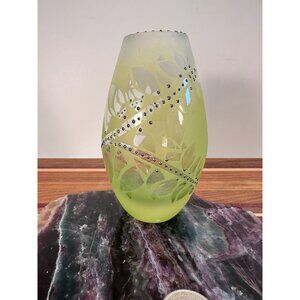 Handcrafted Frosted Green Glass Vase With Silver Accents & Intricate Leaf Design